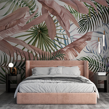 Tropical Palm Tree Leaf Fresco Pink Banana Leaves Wallpaper