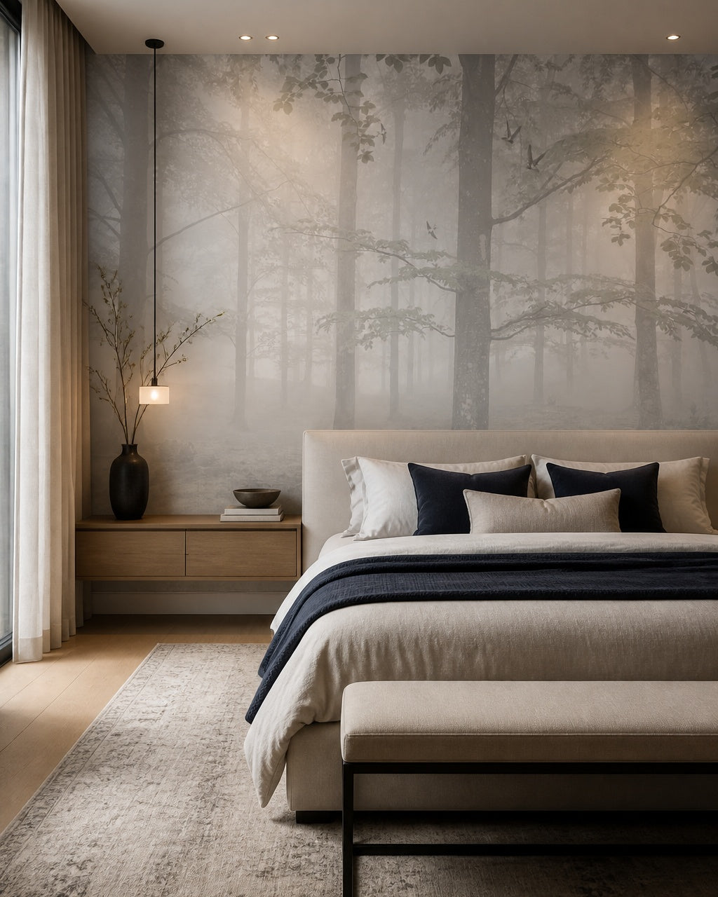 Misty forest wallpaper in a designer bedroom.