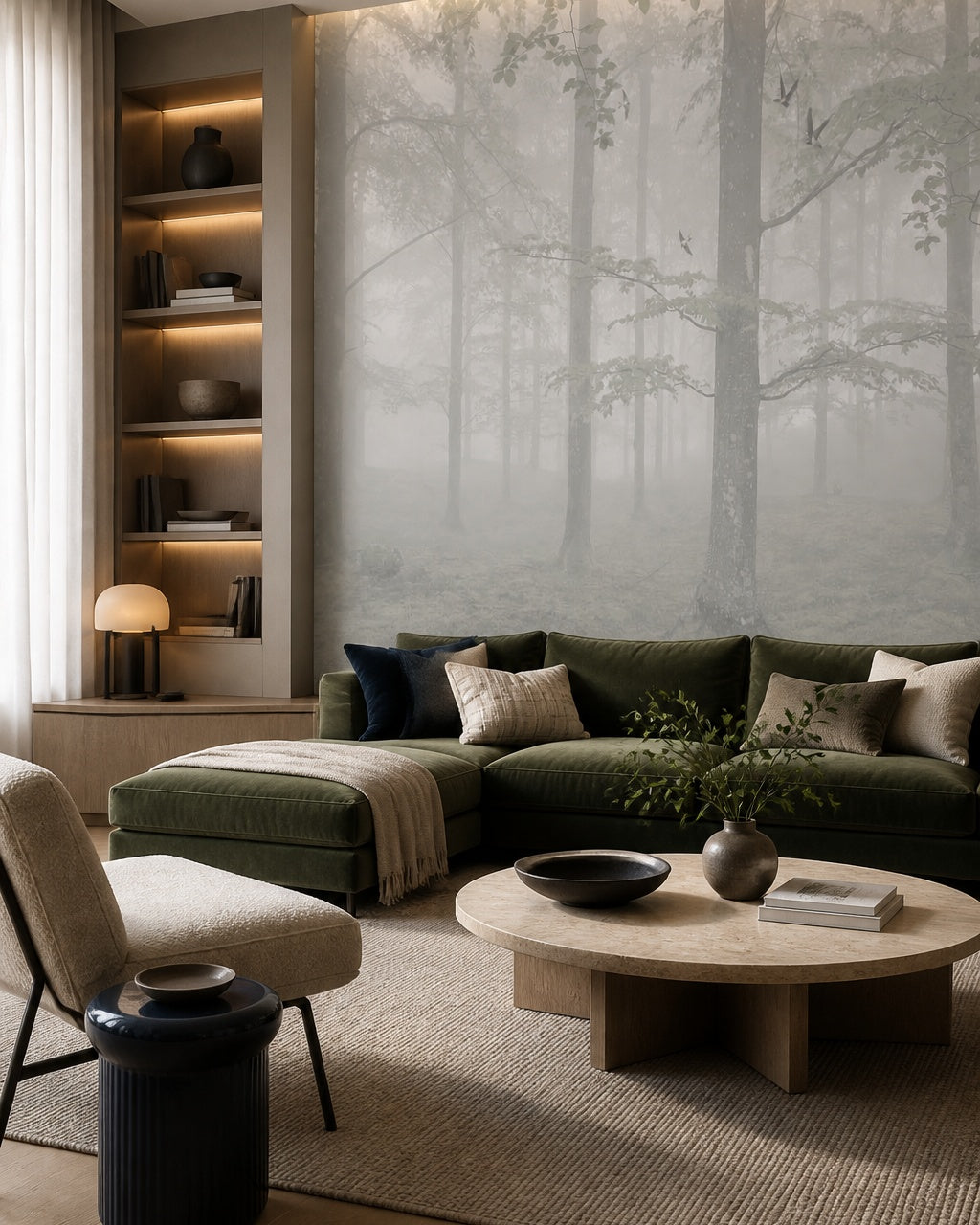 Misty forest wallpaper in a designer living room.