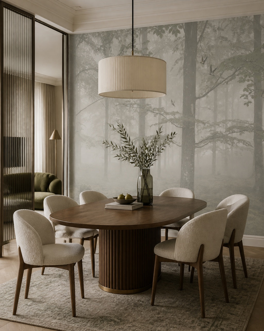Misty forest wallpaper in a refined dining area.