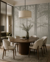 Misty forest wallpaper in a refined dining area.