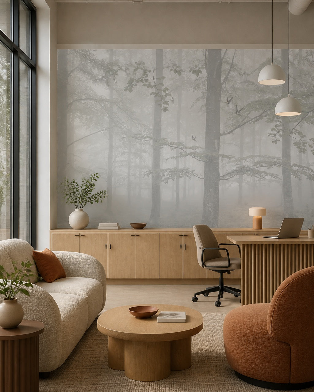 Misty forest wallpaper in a creative office lounge.