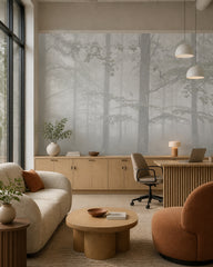 Misty forest wallpaper in a creative office lounge.