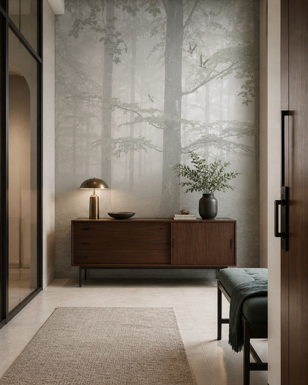 Misty forest wallpaper in a refined foyer.