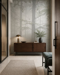 Misty forest wallpaper in a refined foyer.