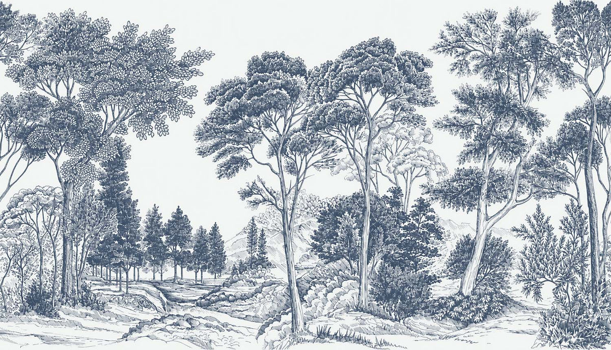 Toile-Tapete Marineblauer Wald – Blaue gestochene Bäume, Landschafts-Wandbild
