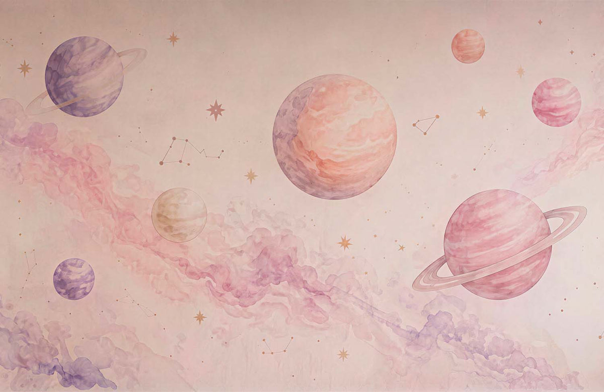 Papier peint planètes roses – Panoramique espace à l’aquarelle pour enfants avec galaxie