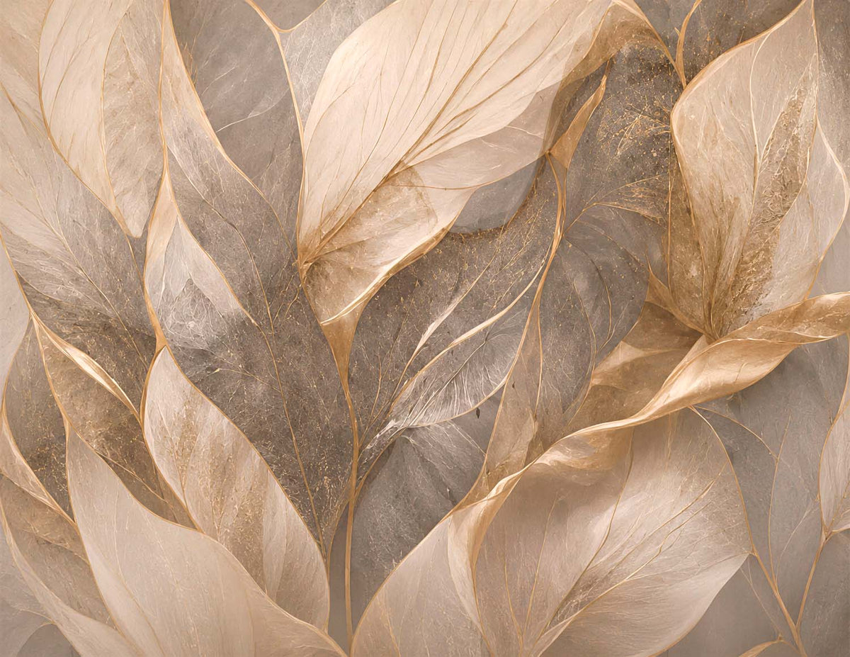 Tapete Goldene Blätter – Große transparente beige und graue Blätter, Wandbild