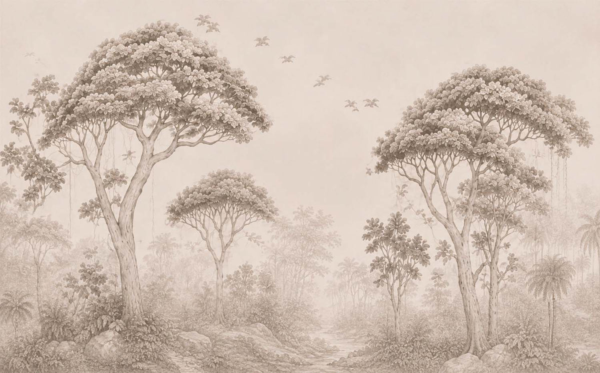 Sepia parasolbomen behang – gegraveerd savannelandschap fotobehang