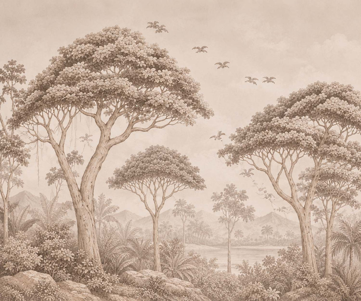 Sepia acaciabomen behang – gegraveerd landschap met vogels fotobehang
