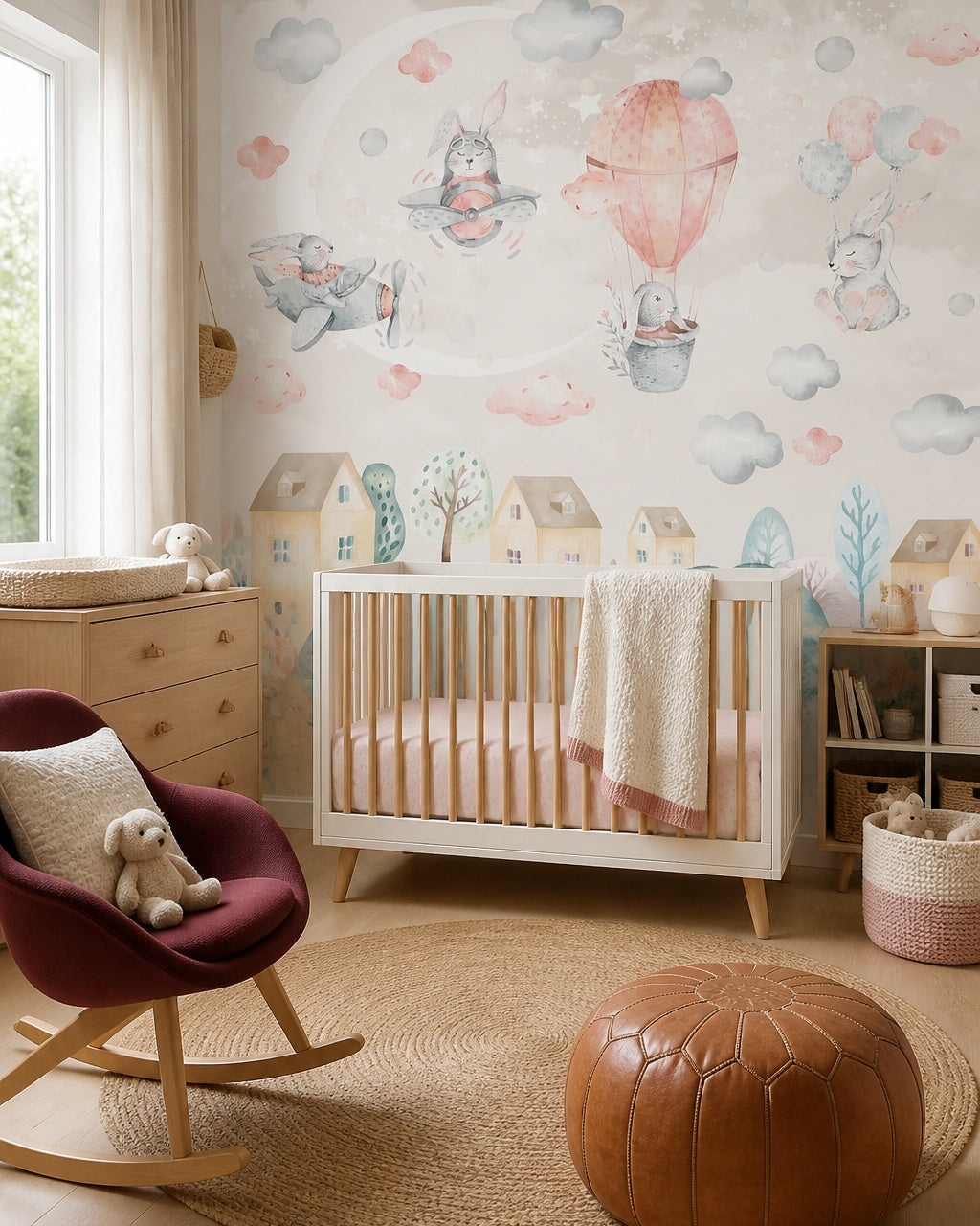 Bunny pilots and moon wallpaper in a modern nursery with a crib.