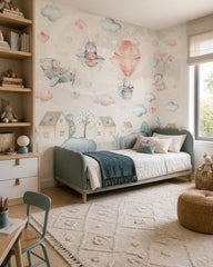 Bunny pilots and moon wallpaper in a girl’s bedroom.