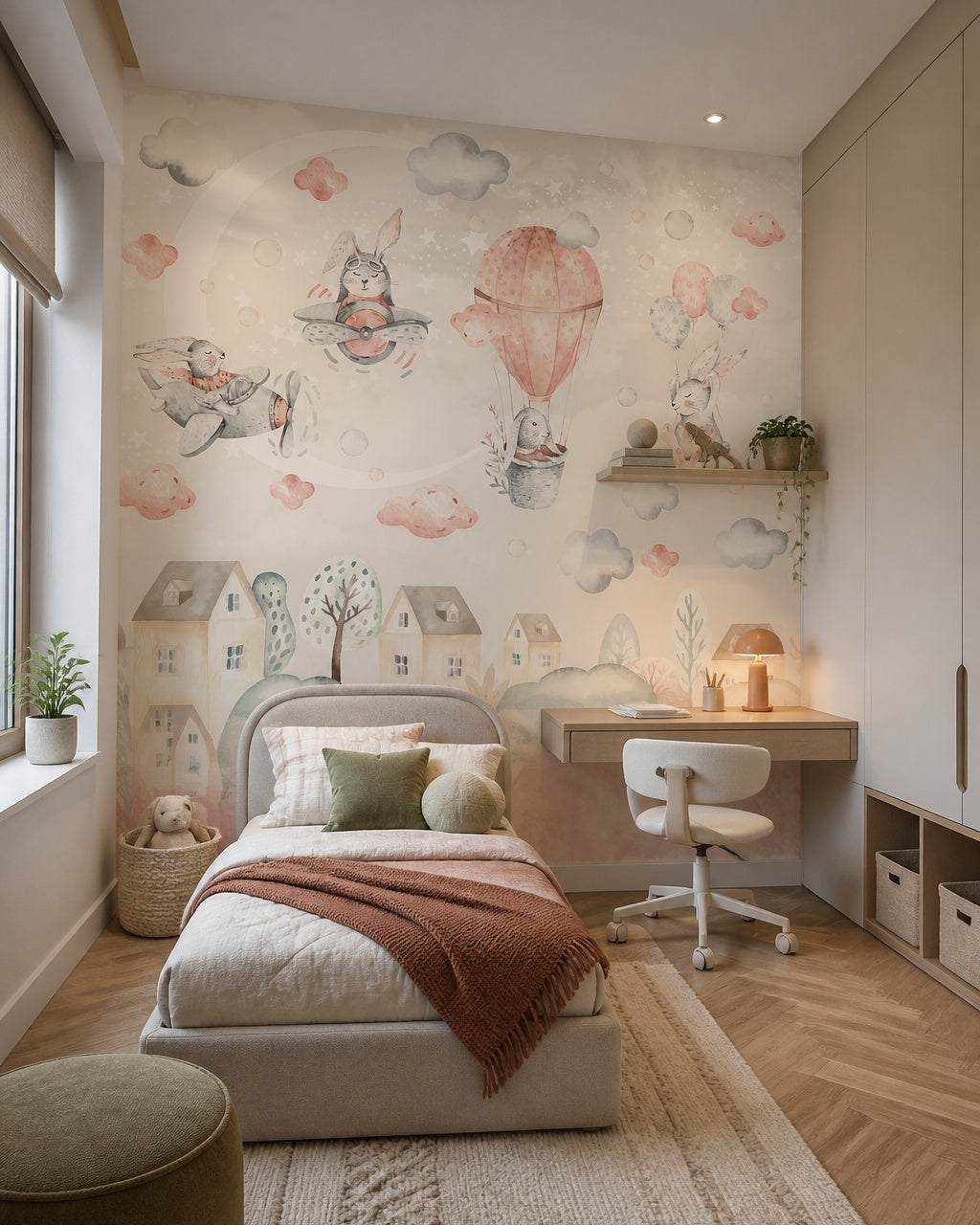 Bunny pilots and moon wallpaper in a boy’s bedroom.
