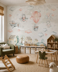 Bunny pilots and moon wallpaper in a children’s playroom.