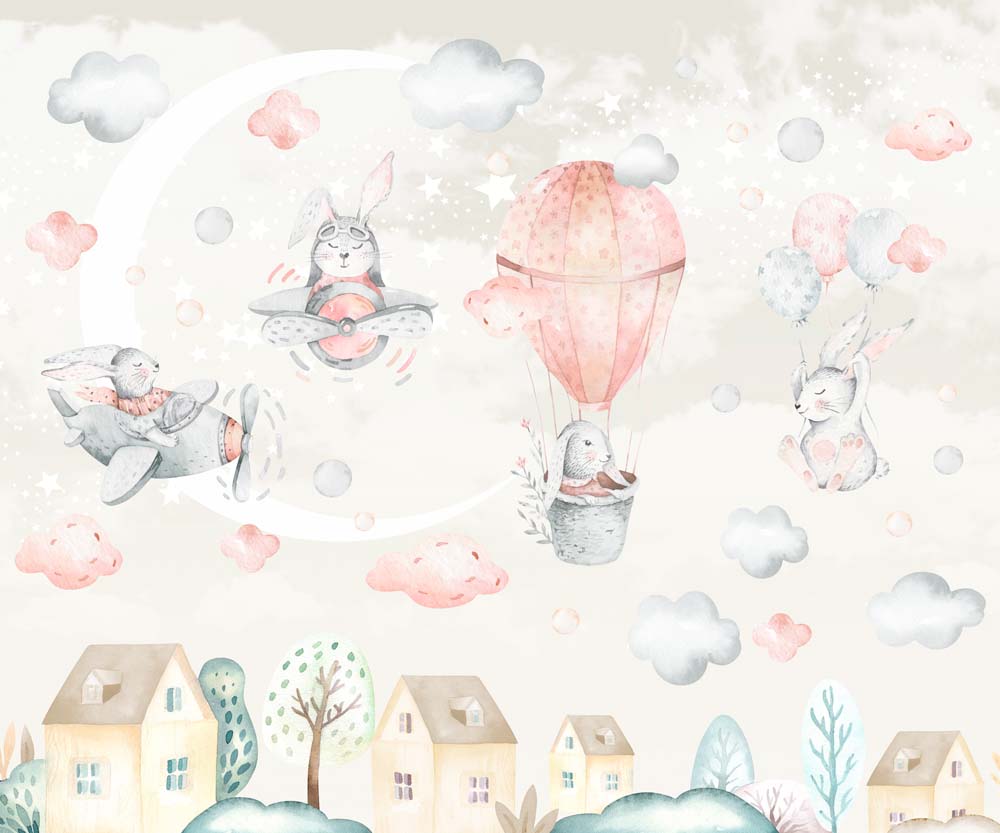 Kids Wall Murals Bunny Hot Air Balloons Airplanes Moon Stars Clouds Wallpaper for KIds