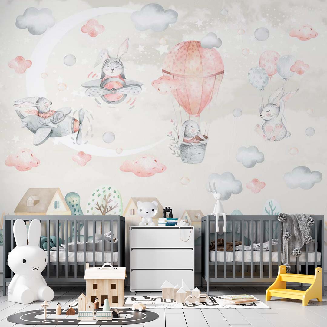 Kids Wall Murals Bunny Hot Air Balloons Airplanes Moon Stars Clouds Wallpaper for KIds