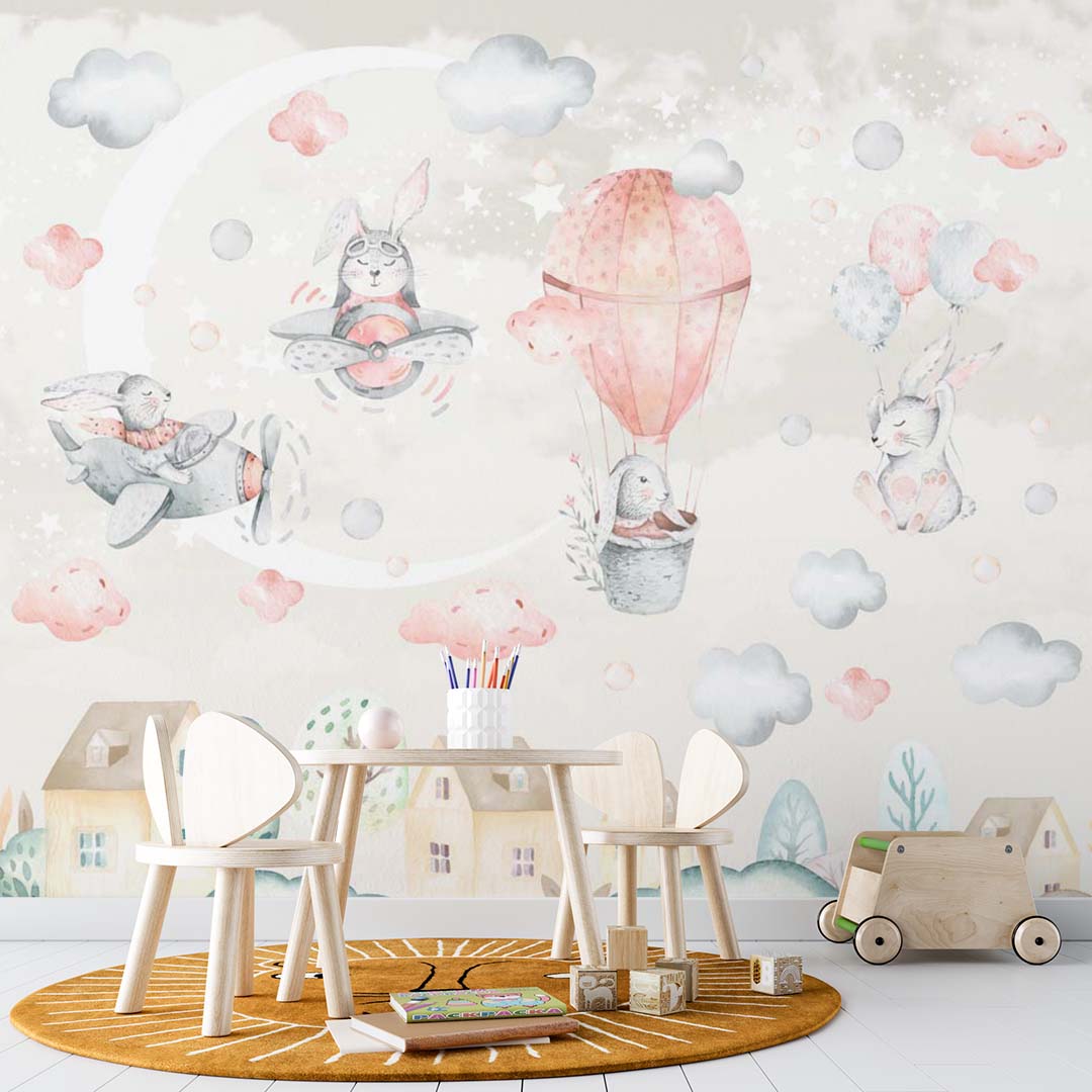 Kids Wall Murals Bunny Hot Air Balloons Airplanes Moon Stars Clouds Wallpaper for KIds