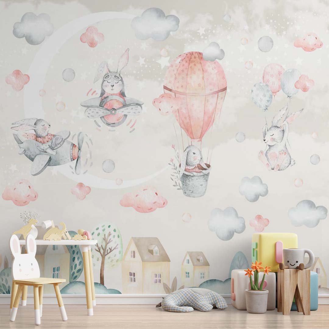 Kids Wall Murals Bunny Hot Air Balloons Airplanes Moon Stars Clouds Wallpaper for KIds