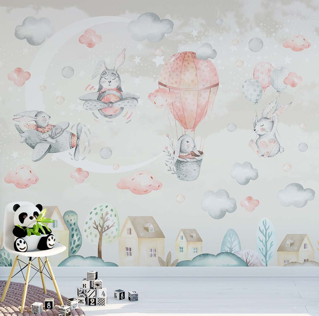 Custom Kids Wall Murals Bunny Hot Air Balloons Airplanes Moon Stars Clouds Wallpaper for Kids