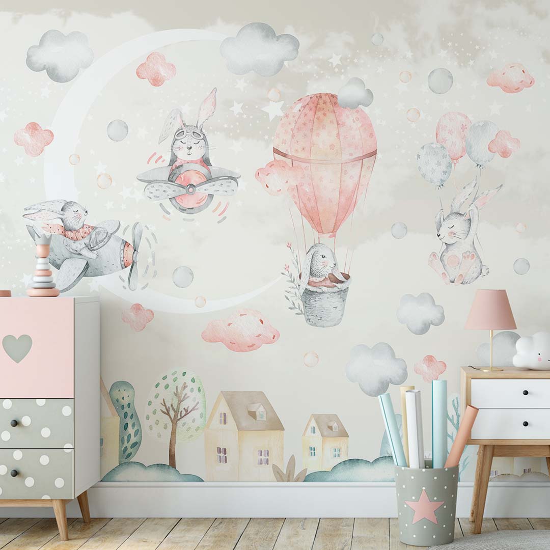 Kids Wall Murals Bunny Hot Air Balloons Airplanes Moon Stars Clouds Wallpaper for KIds