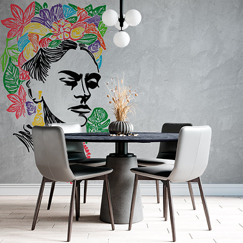 Colorful Floral Portrait of Woman on Textured Wall Mural