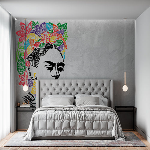 Colorful Floral Portrait of Woman on Textured Wall Mural