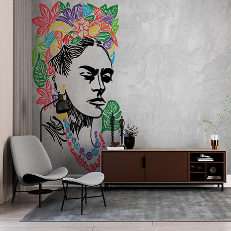 Colorful Floral Portrait of Woman on Textured Wall Mural