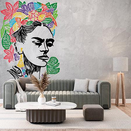 Colorful Floral Portrait of Woman on Textured Wall Mural