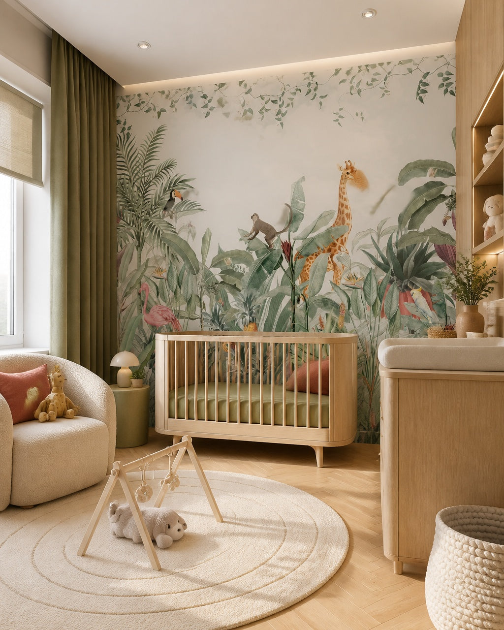 Tropical jungle animals wallpaper in a modern nursery with a crib.
