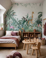 Tropical jungle animals wallpaper in a toddler bedroom with a child-sized bed.