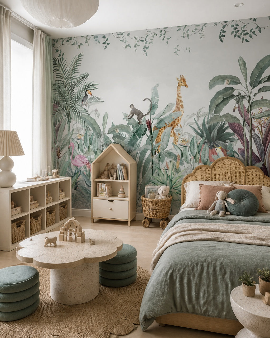 Tropical jungle animals wallpaper in a girl’s bedroom.