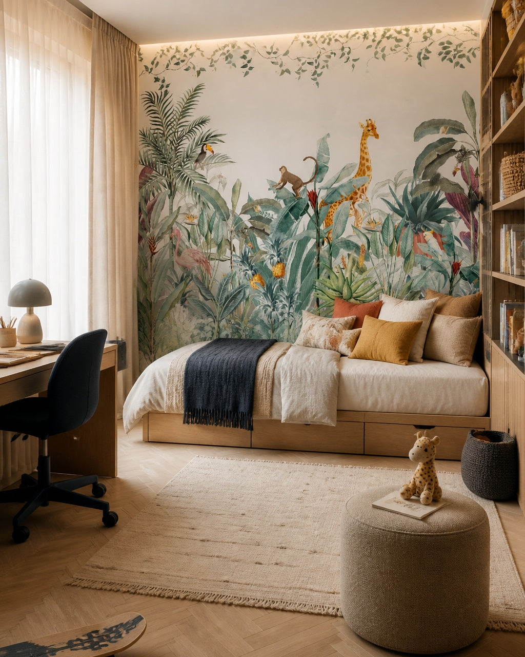 Tropical jungle animals wallpaper in a boy’s bedroom.