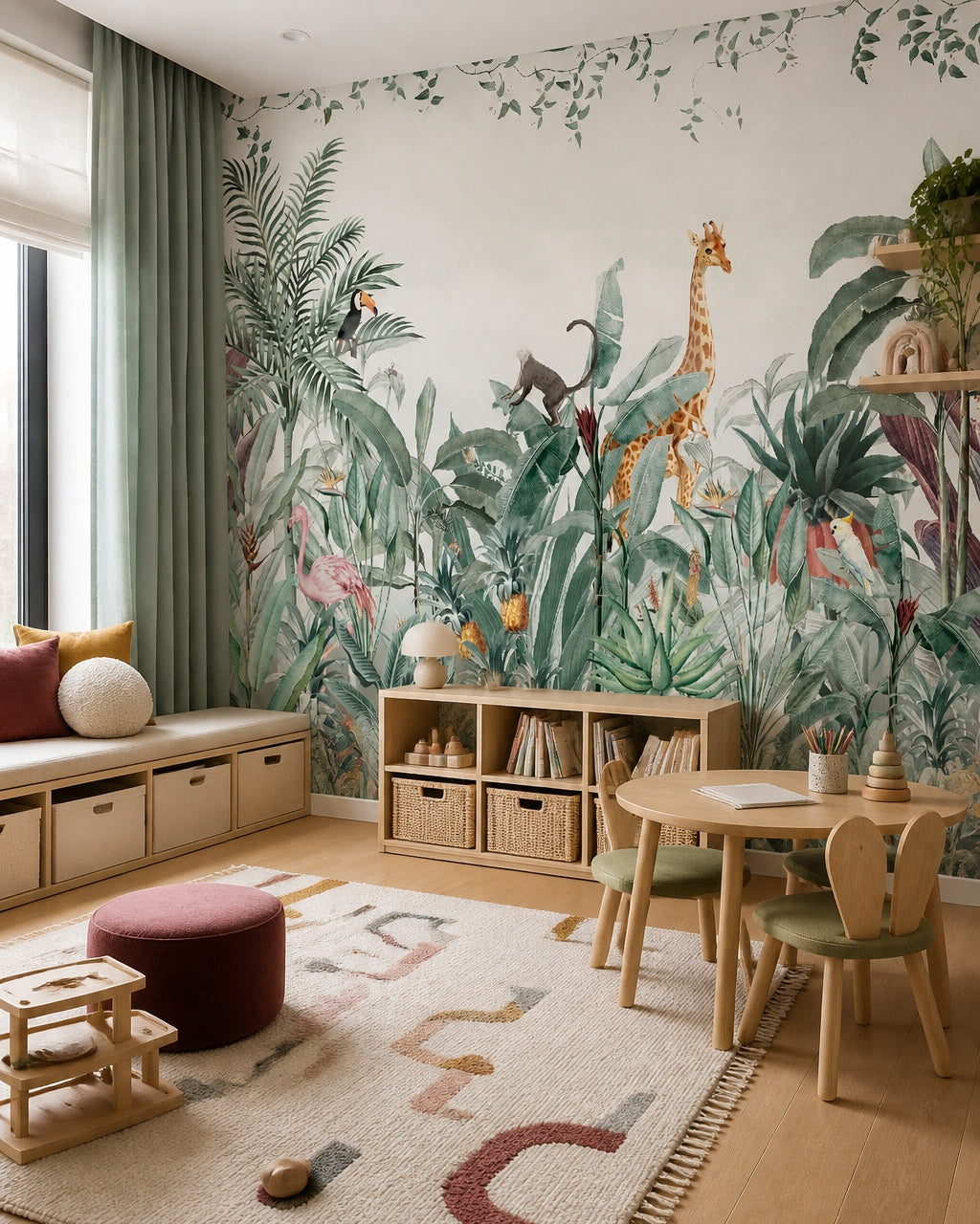Tropical jungle animals wallpaper in a children’s playroom.