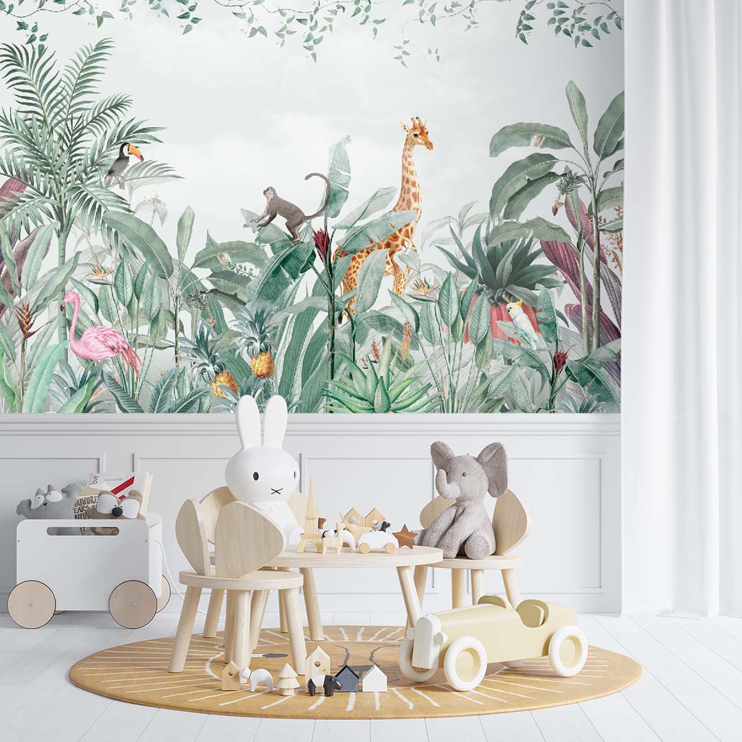 Kids Wall Mural African Jungle Safari Animals Tropical Design Wallpaper for Kids