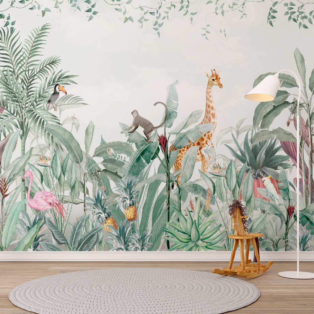 Kids Wall Mural African Jungle Safari Animals Tropical Design Wallpaper for Kids