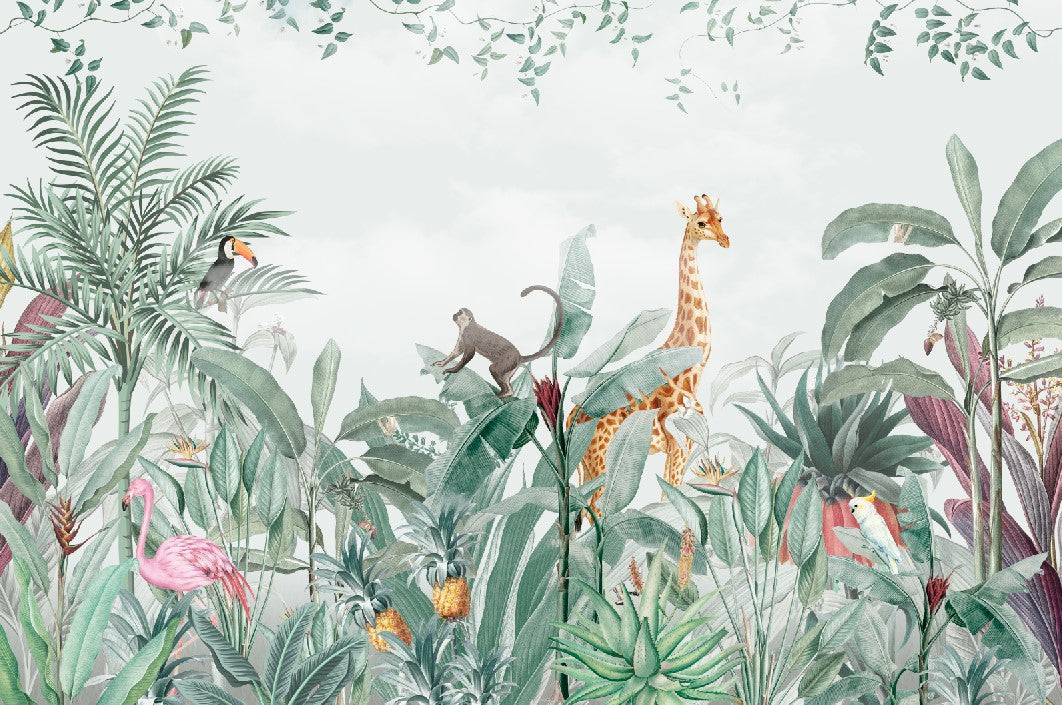 Papier peint animaux de la jungle tropicale – Papier peint panoramique botanique girafe, singe et flamant