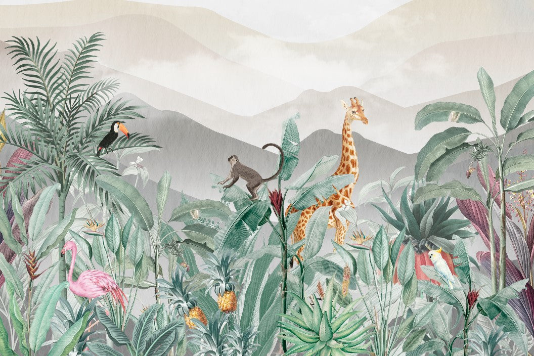 Kids Wall Mural Jungle Theme Safari Animals Tropical Design Wallpaper for Kids Room