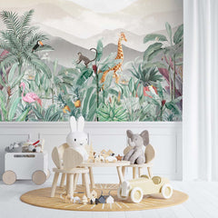 Custom Kids Wall Mural Jungle Theme Safari Animals Tropical Design Wallpaper for Kids  Room