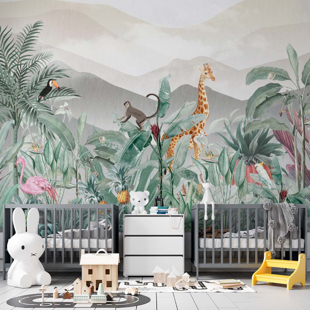 Kids Wall Mural Jungle Theme Safari Animals Tropical Design Wallpaper for Kids Room