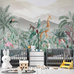 Custom Kids Wall Mural Jungle Theme Safari Animals Tropical Design Wallpaper for Kids  Room