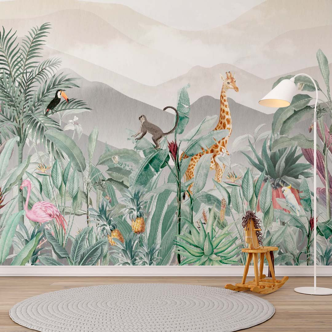 Kids Wall Mural Jungle Theme Safari Animals Tropical Design Wallpaper for Kids Room