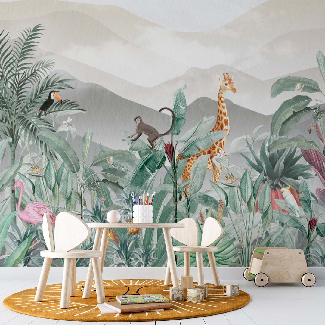 Kids Wall Mural Jungle Theme Safari Animals Tropical Design Wallpaper for Kids Room