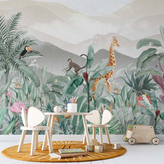 Custom Kids Wall Mural Jungle Theme Safari Animals Tropical Design Wallpaper for Kids  Room