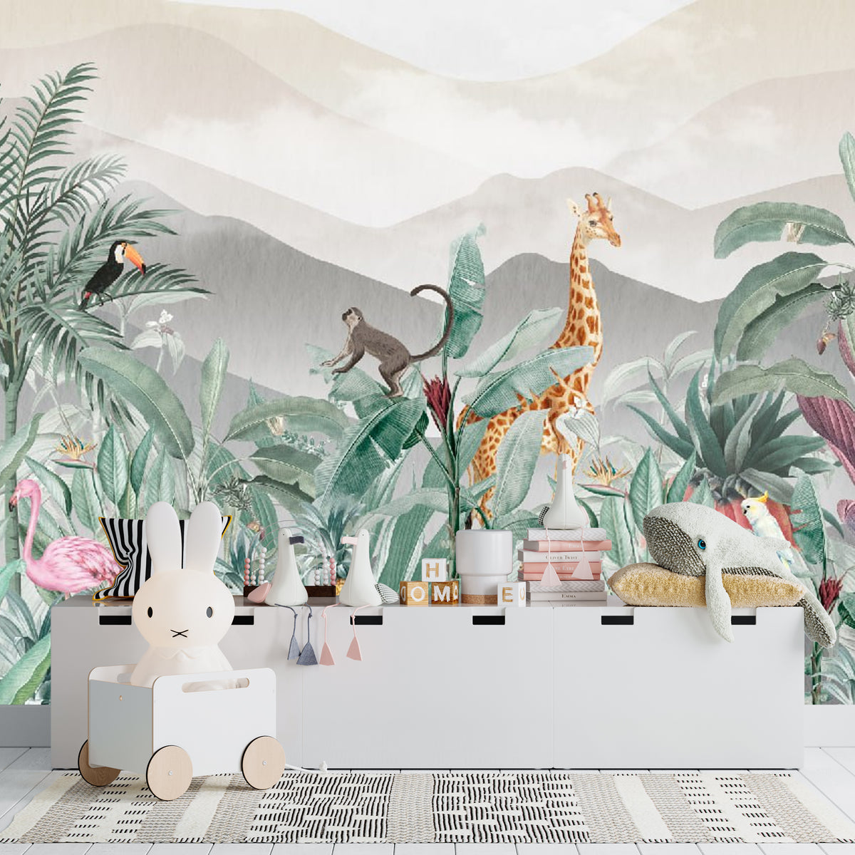 Safari- en junglebehang – giraf, aap en tropische dieren