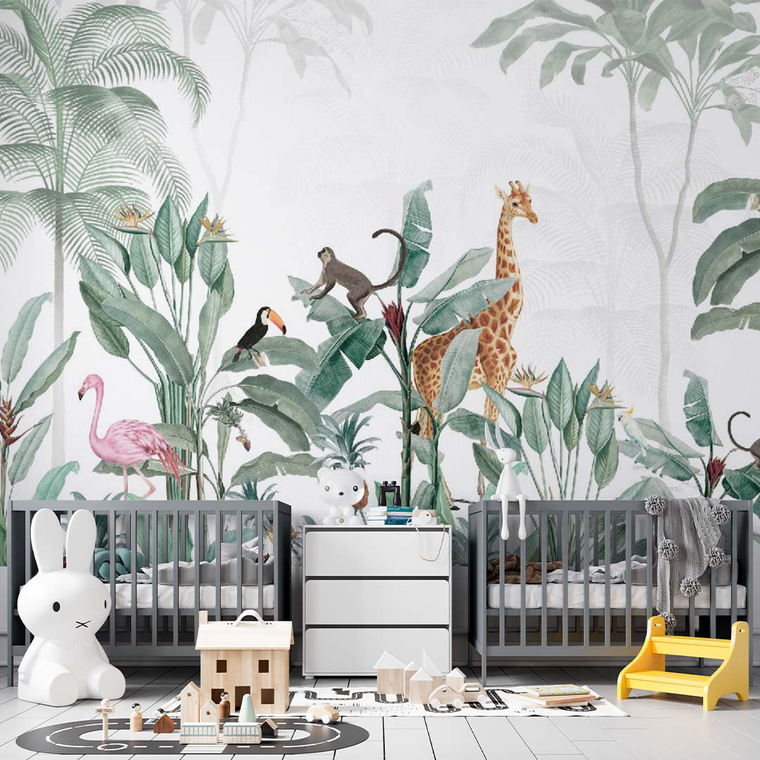 Kids Wall Mural Tropical Palm Safari Animals Wallpaper for Kids  Room