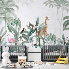 Custom Kids Wall Mural Tropical Palm Safari Animals Wallpaper for Kids Room