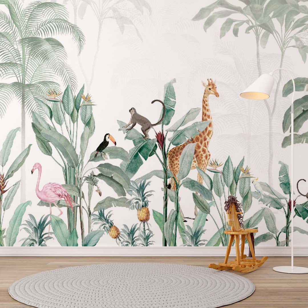 Custom Kids Wall Mural Tropical Palm Safari Animals Wallpaper for Kids Room