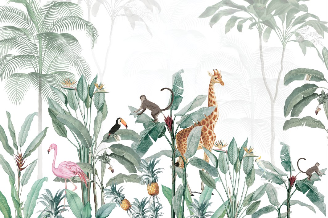 Papier peint safari jungle neutre – Papier peint panoramique enfant girafe, singe et animaux tropicaux