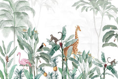 Custom Kids Wall Mural Tropical Palm Safari Animals Wallpaper for Kids Room