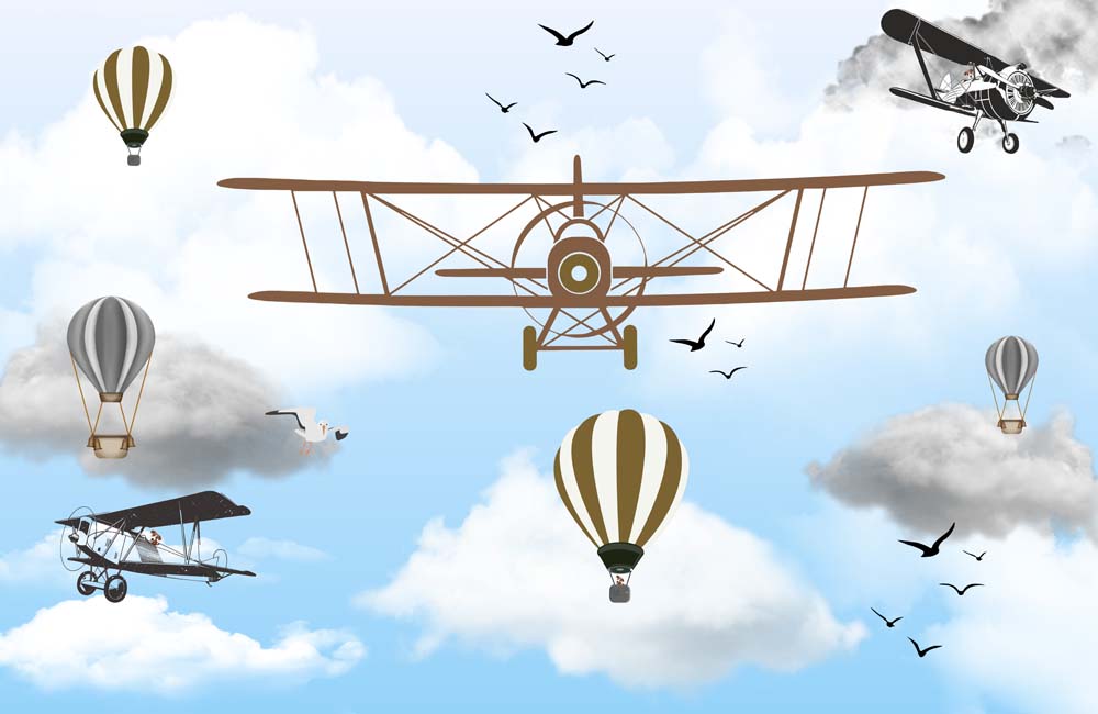 Custom Kids Wall Mural Vintage Airplane Sky Hot Air Ballons Wallpaper for Kids